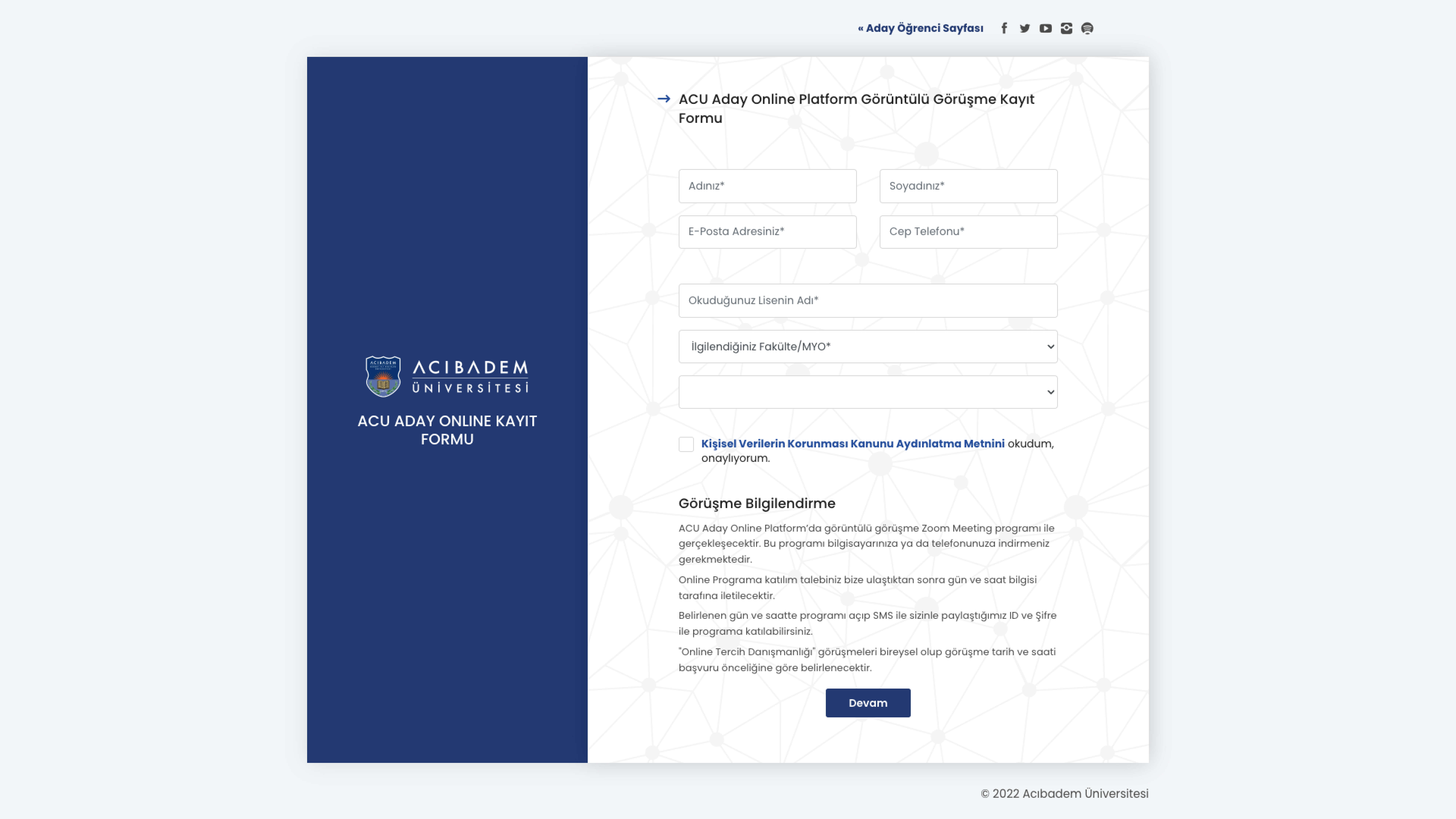 Acıbadem Üniversitesi Online Platform Aday Kayıt Formu