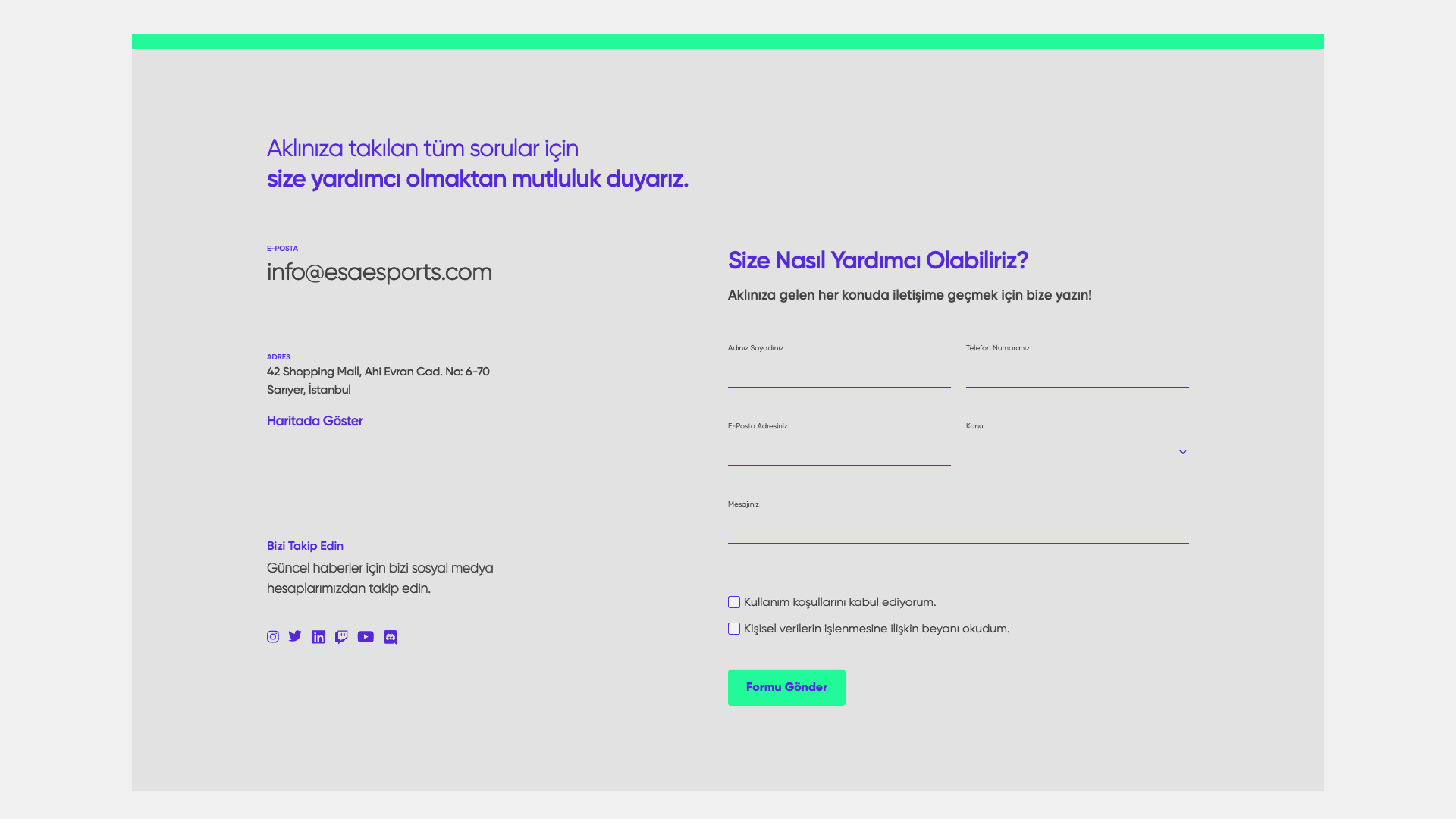 ESA E-Sports Web Sitesi İletişim Formu Arayüz Tasarımı (UI Design)