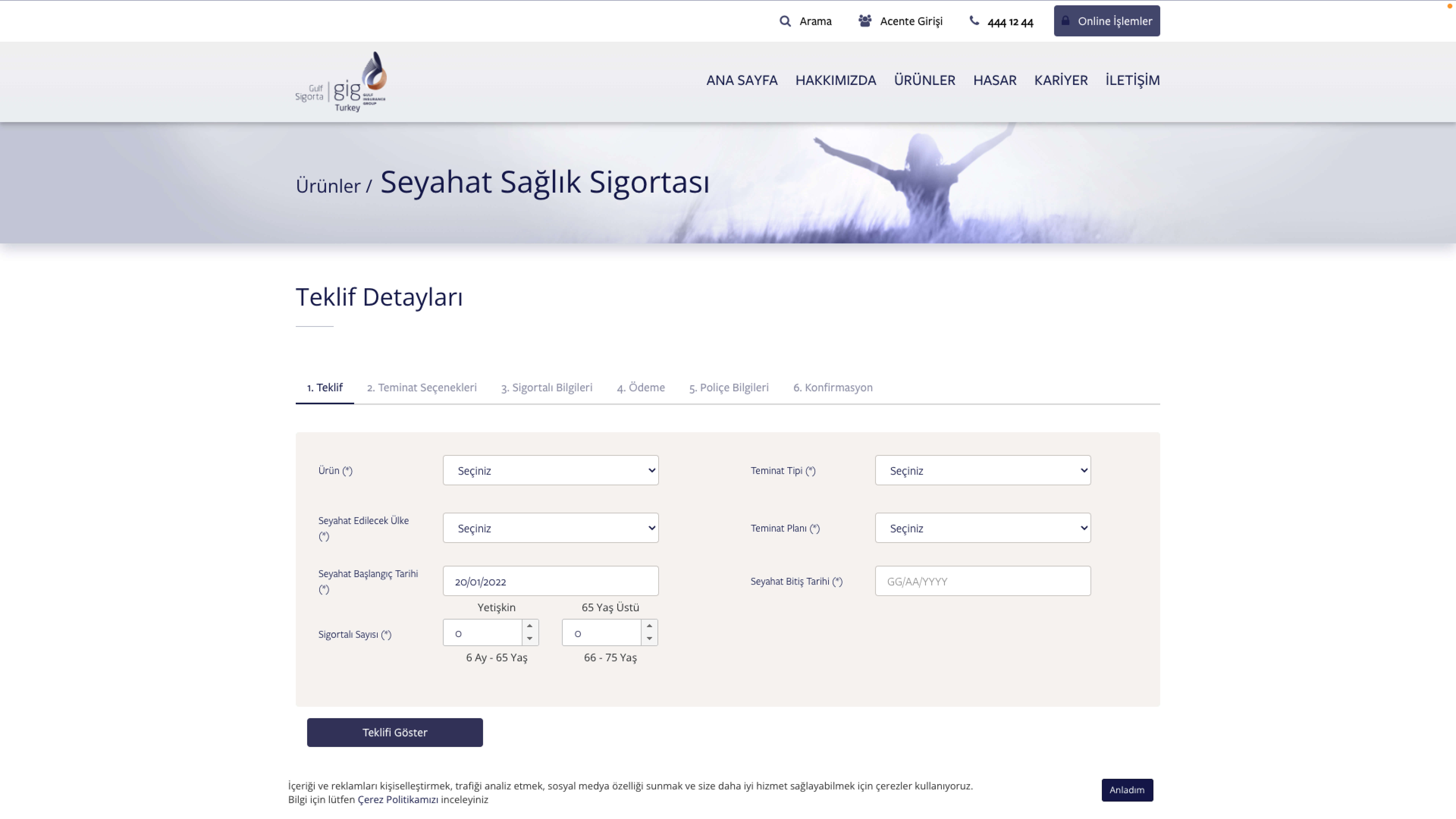 Gulf Sigorta Seyahat Sağlık Sigortası Satın Alma Ekranı