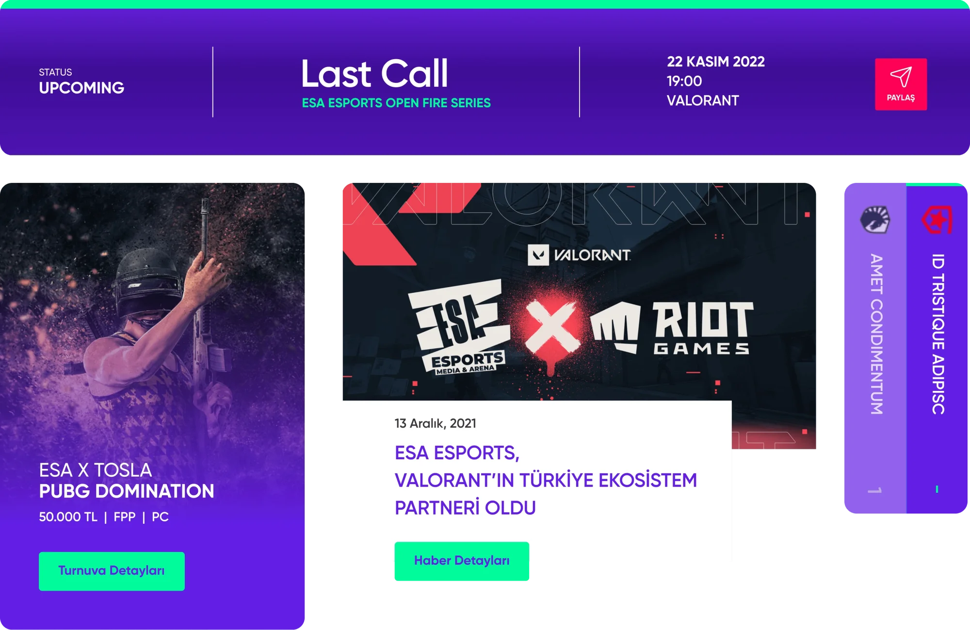 ESA E-Sports Web Sitesi Aray&uuml;z Bileşenleri (UI Components)