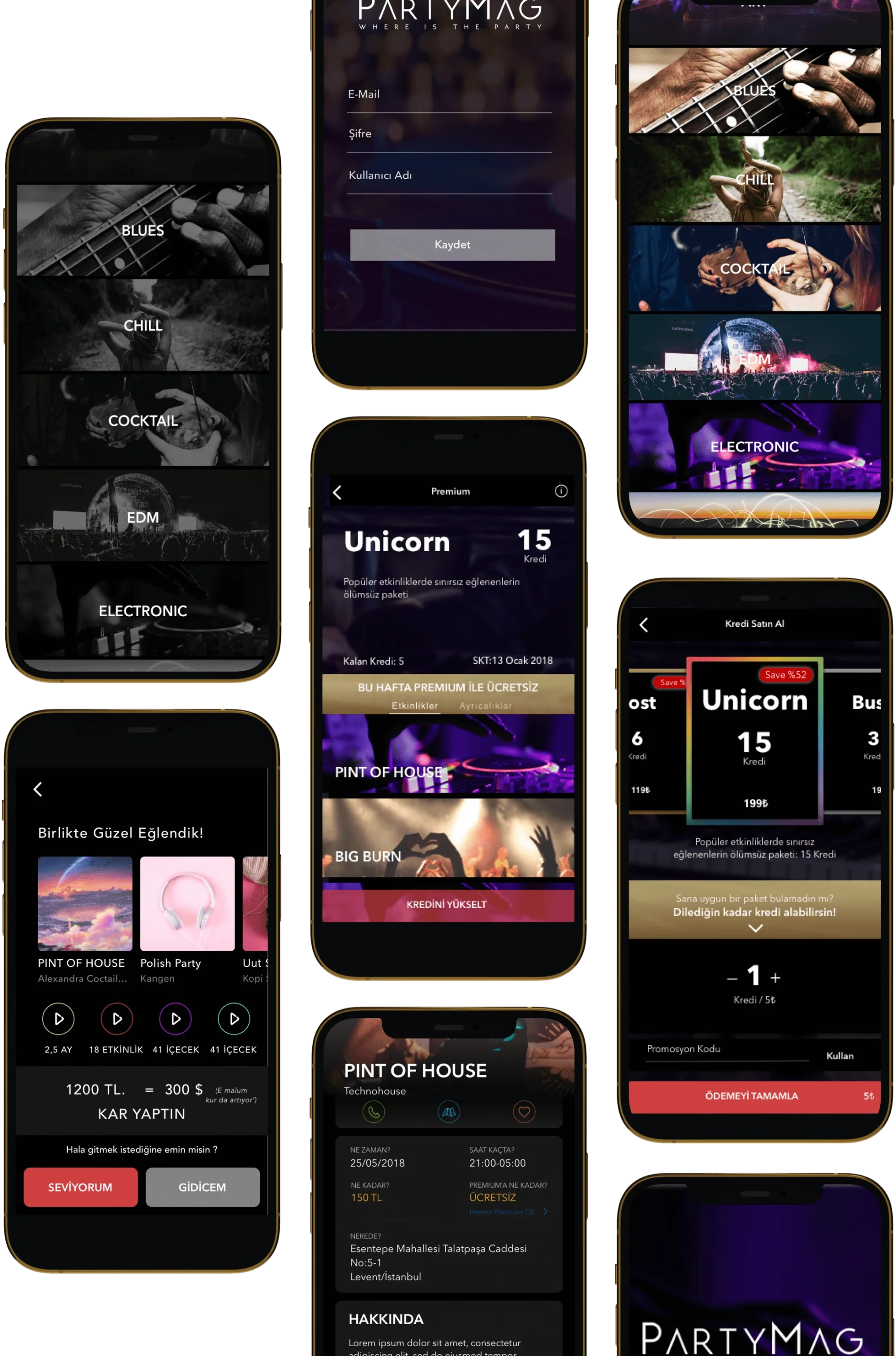 Partymag Mobil Uygulaması Ekran Arayüz Tasarımları (UI Design)